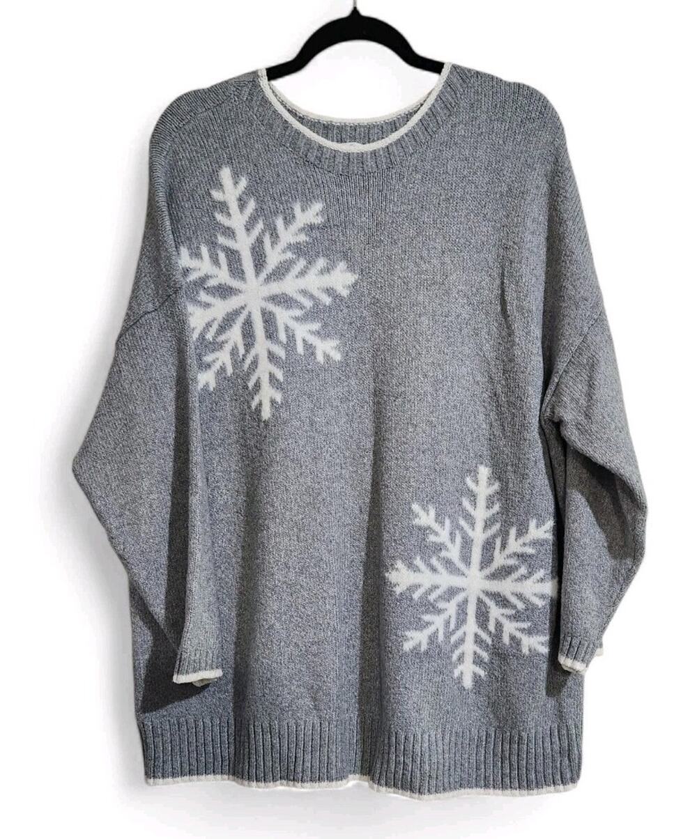 J Jill Snowflake Sweater Gray Winter Crew Neck Womens XL Petite Long Sleeve Cozy